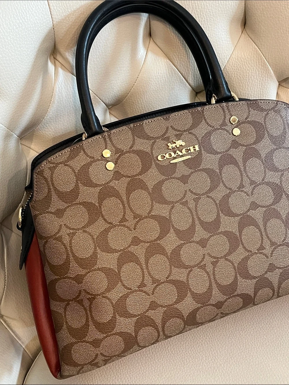 Coach Brown Signature Leather Satchel Rust Side Panels crossbody  Eye Catching